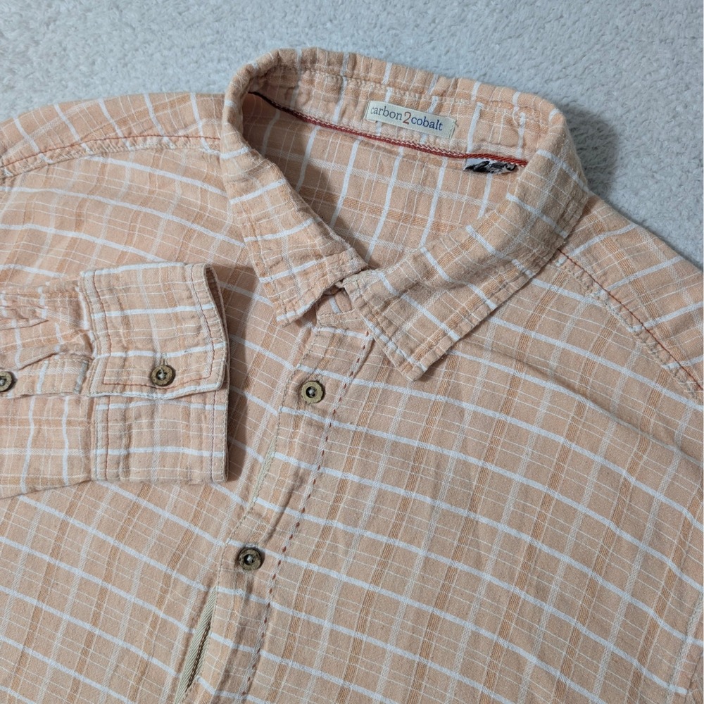 carbon2cobalt Button Down Mens XL Orange Windowpane Plaid L/S Linen Blend Shirt